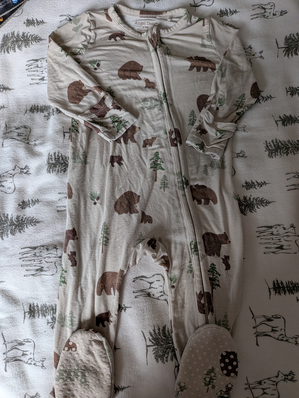 Angel Dear Beige Bear & Tree Print Zipper Footie.